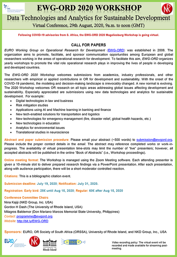 Call for Papers: EWG-ORD 2020 Workshop: Data Technologies ...